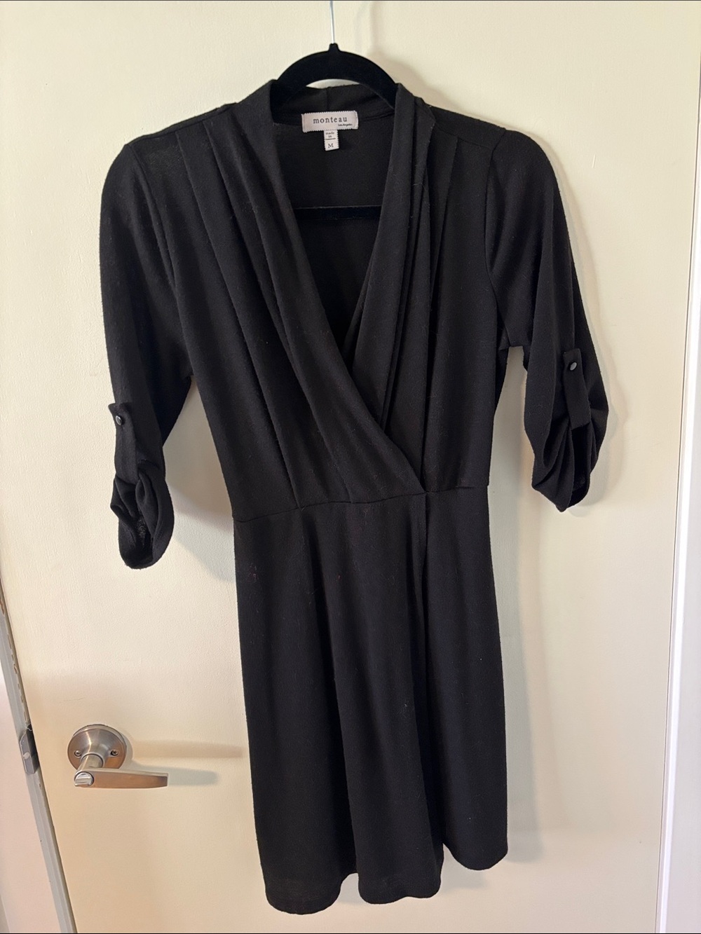 Monteau Black Faux-Wrap Long Sleeve Dress Medium